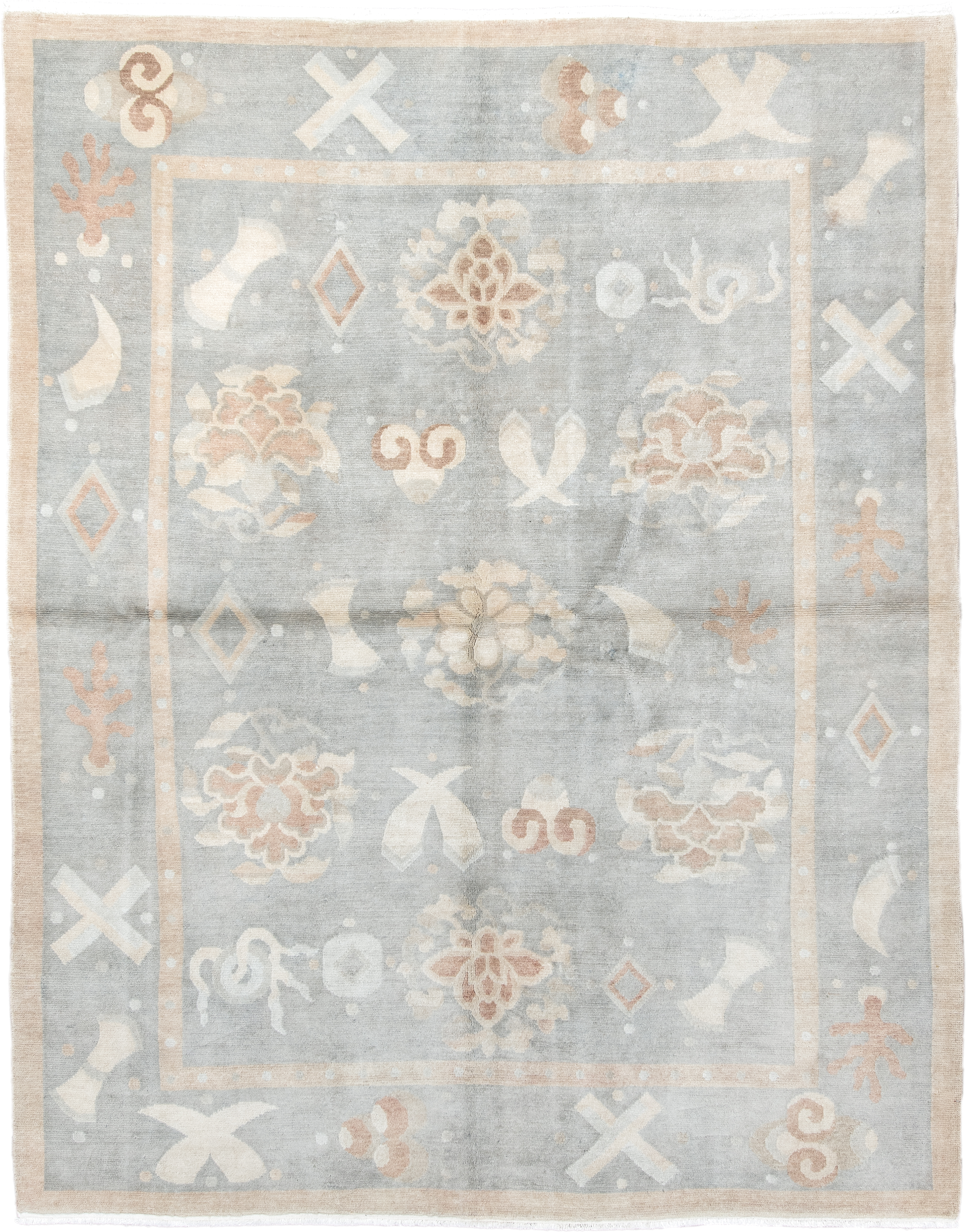 6' x 7' one-of-a-kind handmade antique Tibetan rug. Color palette: pale blue, ivory, blush, sand, taupe, light blue, pink