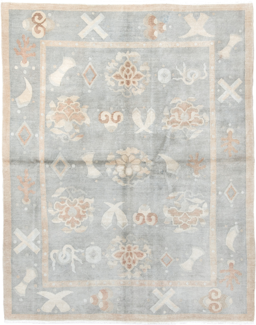 6' x 7' one-of-a-kind handmade antique Tibetan rug. Color palette: pale blue, ivory, blush, sand, taupe, light blue, pink
