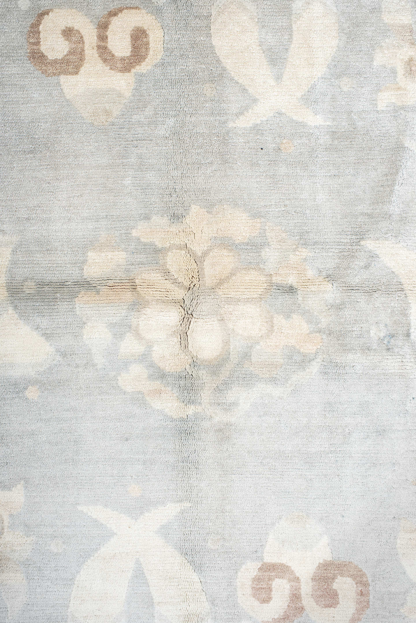6' x 7' one-of-a-kind handmade antique Tibetan rug. Color palette: pale blue, ivory, blush, sand, taupe, light blue, pink