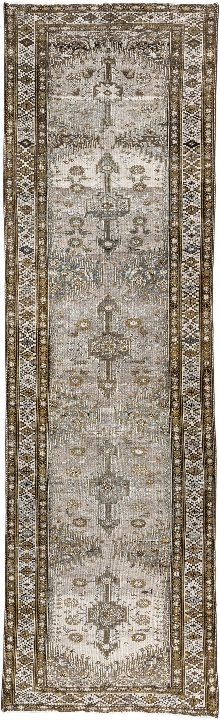 4' x 15' one-of-a-kind handmade vintage NW Persian runner rug. Color palette: ivory, taupe, camel, brown, slate, beige, gray