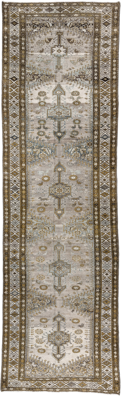4' x 15' one-of-a-kind handmade vintage NW Persian runner rug. Color palette: ivory, taupe, camel, brown, slate, beige, gray
