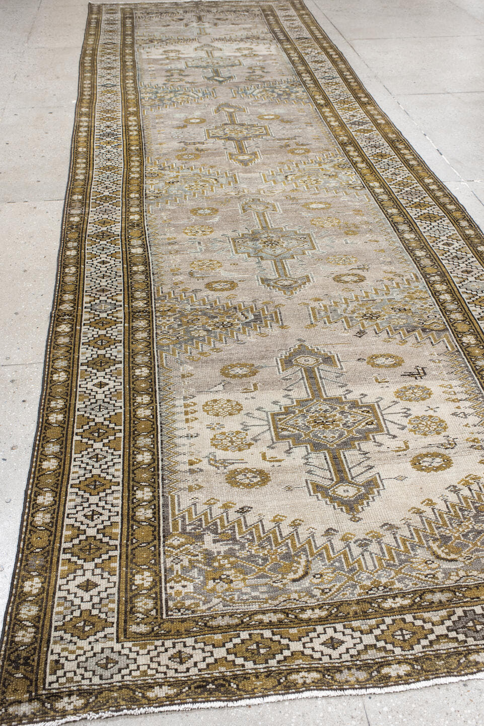 4' x 15' one-of-a-kind handmade vintage NW Persian runner rug. Color palette: ivory, taupe, camel, brown, slate, beige, gray