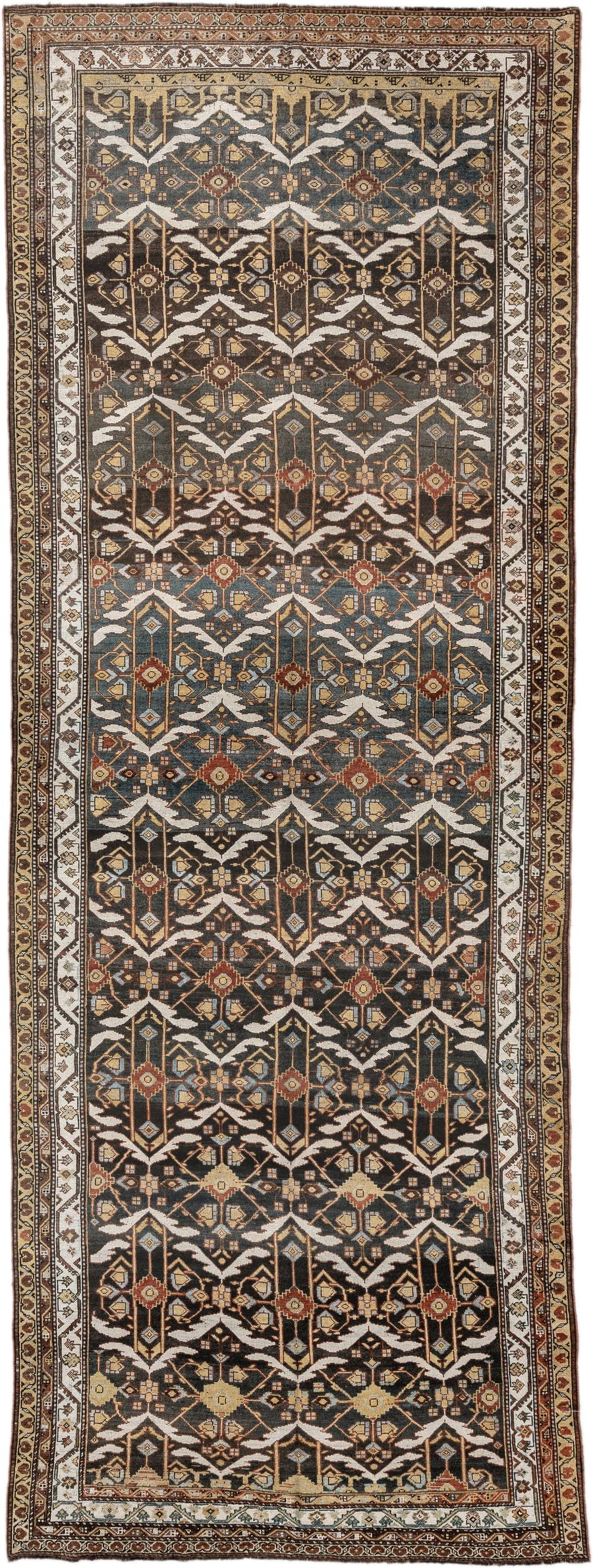5' x 14' one-of-a-kind handmade antique Baktiary rug. Color palette: brown, ivory, camel, slate, rust, gold, charcoal