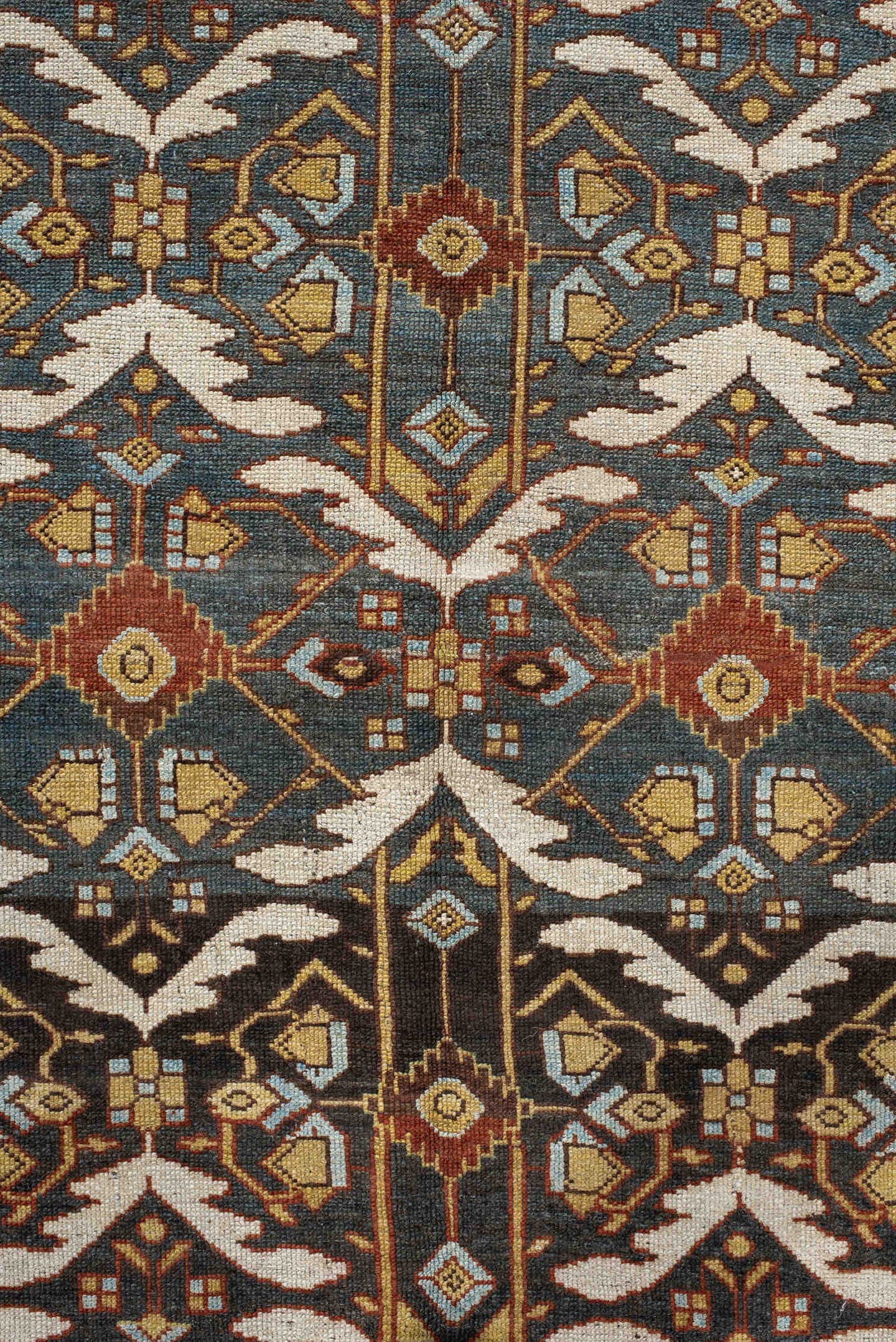 5' x 14' one-of-a-kind handmade antique Baktiary rug. Color palette: brown, ivory, camel, slate, rust, gold, charcoal