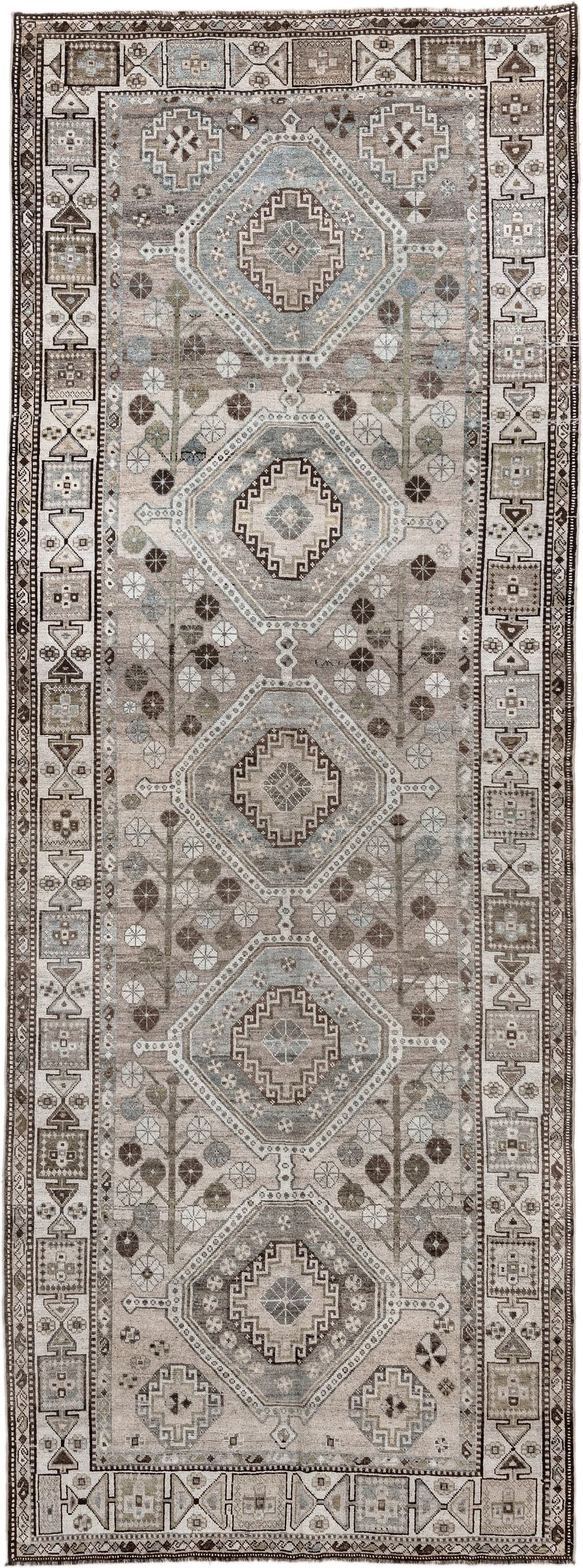 5' x 14' one-of-a-kind handmade antique Shiraz rug. Color palette: taupe, ivory, brown, slate, camel, charcoal, sage, beige