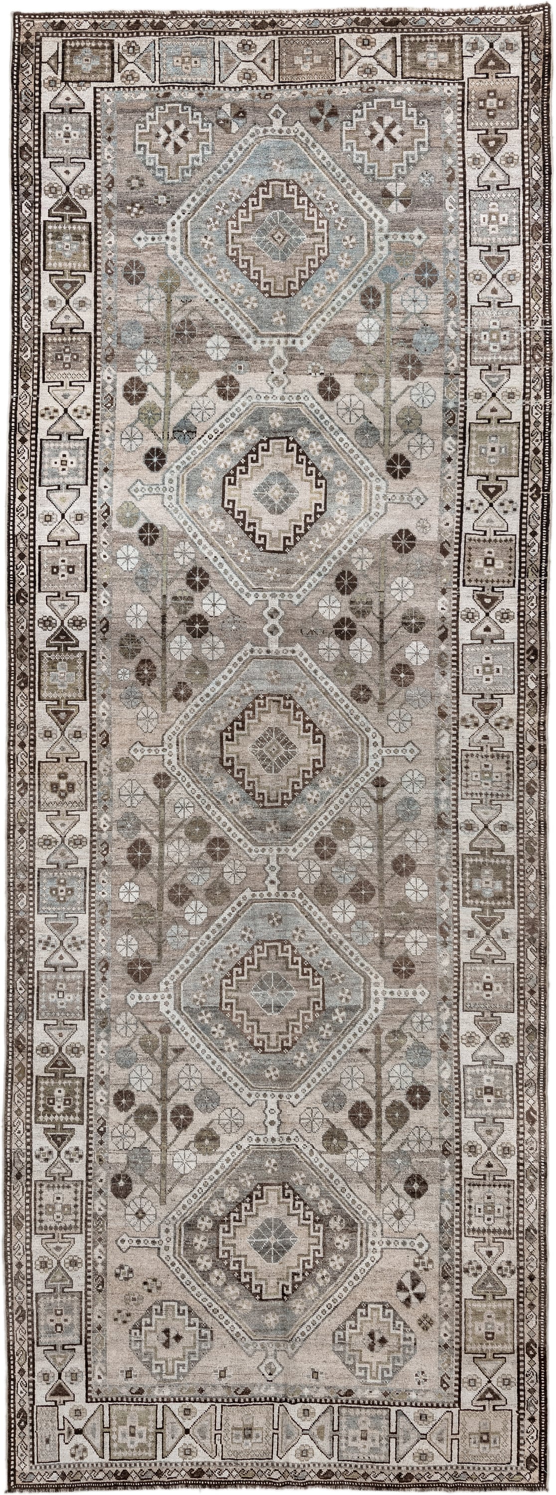 5' x 14' one-of-a-kind handmade antique Shiraz rug. Color palette: taupe, ivory, brown, slate, camel, charcoal, sage, beige