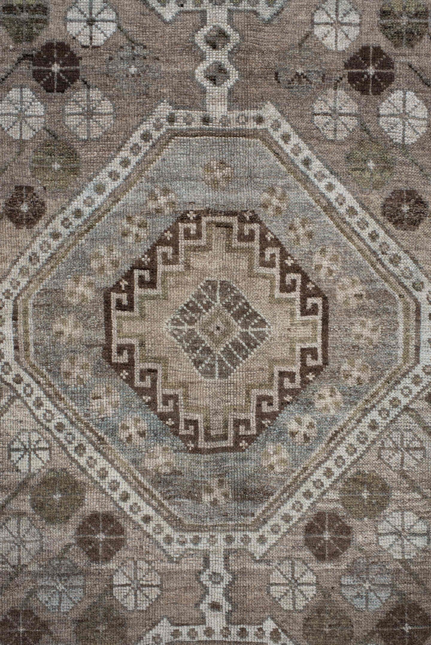 5' x 14' one-of-a-kind handmade antique Shiraz rug. Color palette: taupe, ivory, brown, slate, camel, charcoal, sage, beige