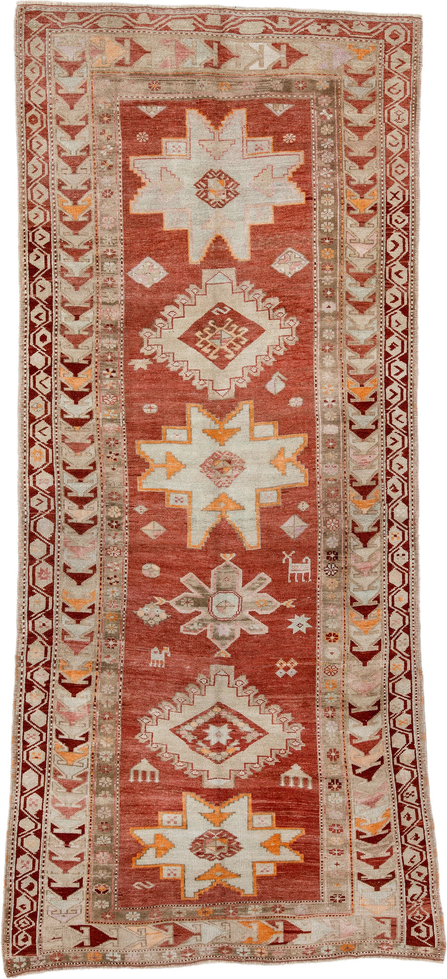 4' x 10' one-of-a-kind handmade antique Karabagh runner rug. Color palette: terra cotta, ivory, rust, beige, camel, saffron