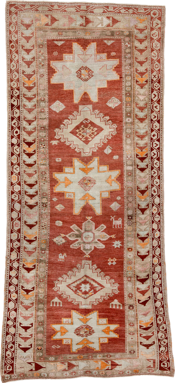 4' x 10' one-of-a-kind handmade antique Karabagh runner rug. Color palette: terra cotta, ivory, rust, beige, camel, saffron