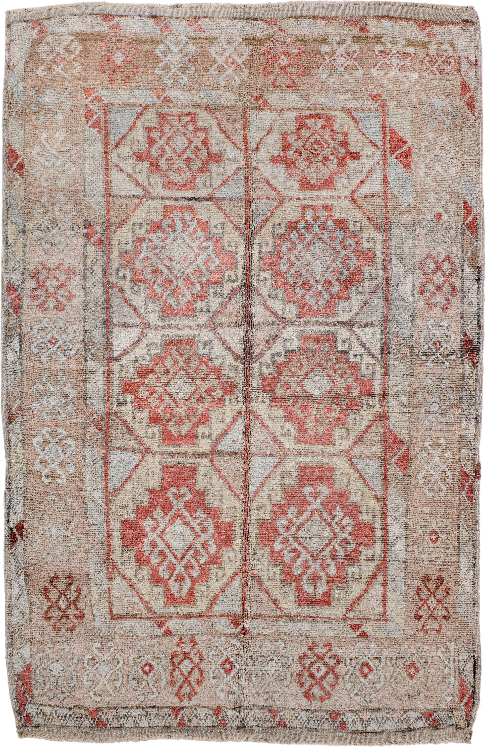 4' x 7' one-of-a-kind handmade antique Anatolian rug. Color palette: ivory, camel, coral, taupe, faded red, light gray