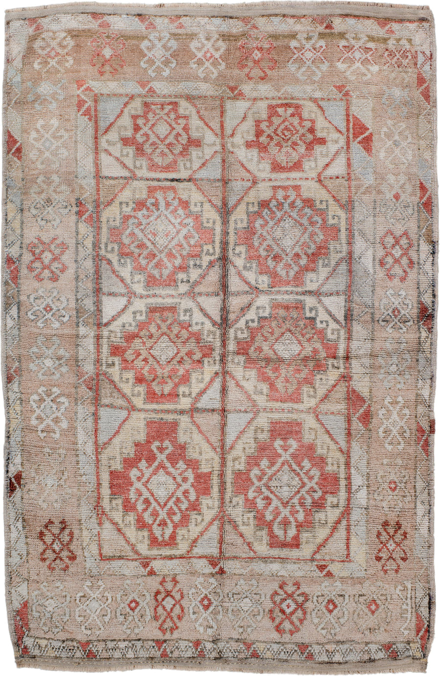4' x 7' one-of-a-kind handmade antique Anatolian rug. Color palette: ivory, camel, coral, taupe, faded red, light gray
