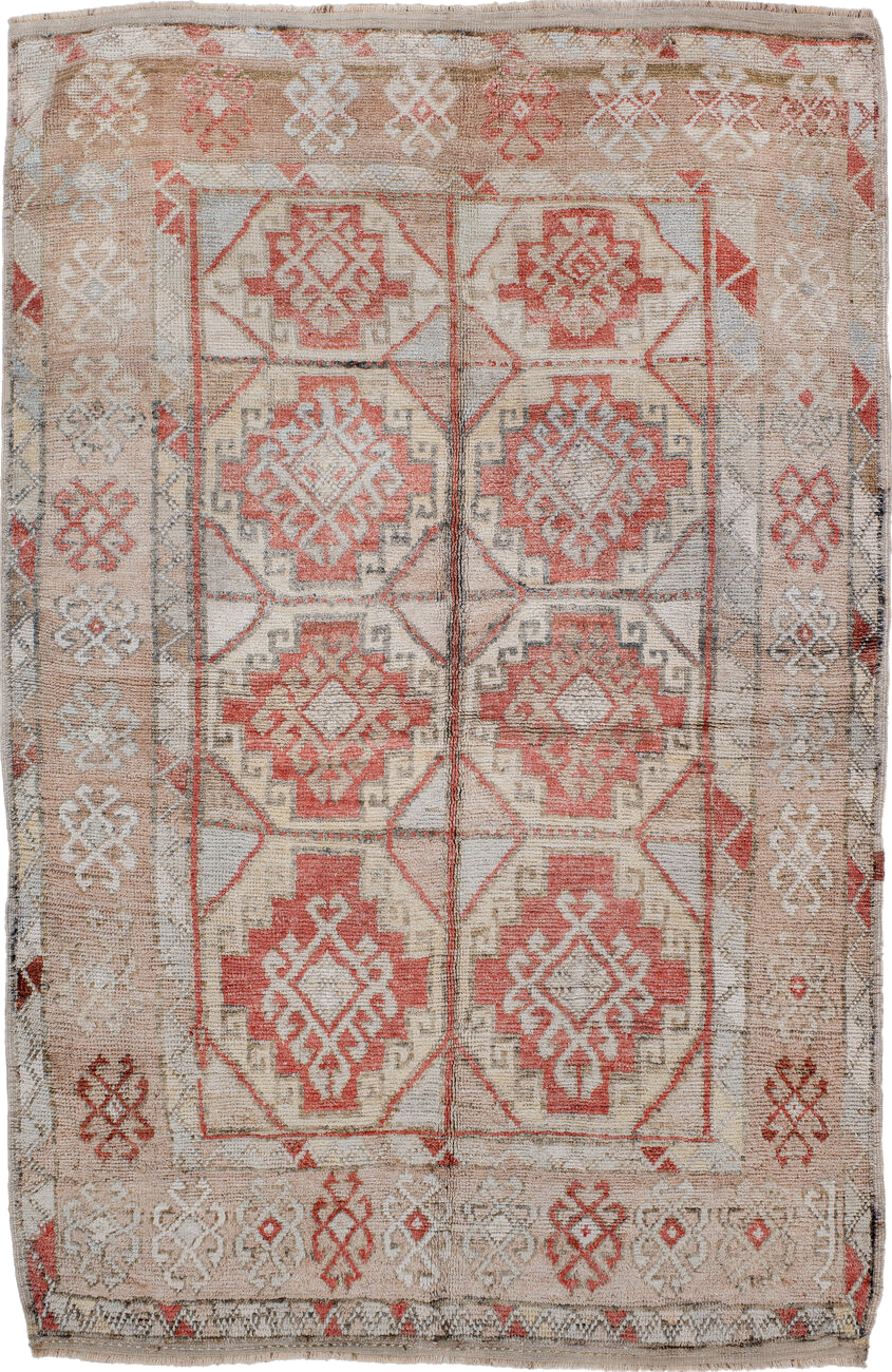 4' x 7' one-of-a-kind handmade vintage Anatolian rug. Color palette: brown, gray, light gray, off-white, pink, red, silver