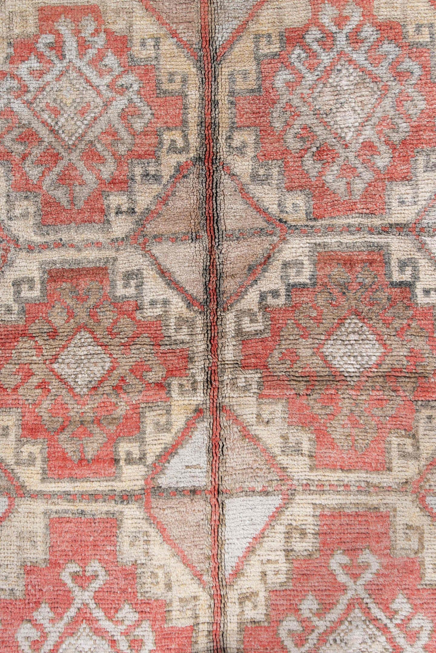 4' x 7' one-of-a-kind handmade antique Anatolian rug. Color palette: ivory, camel, coral, taupe, faded red, light gray