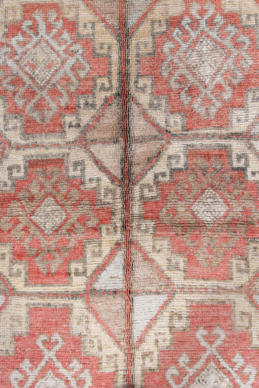 4' x 7' one-of-a-kind handmade antique Anatolian rug. Color palette: ivory, camel, coral, taupe, faded red, light gray