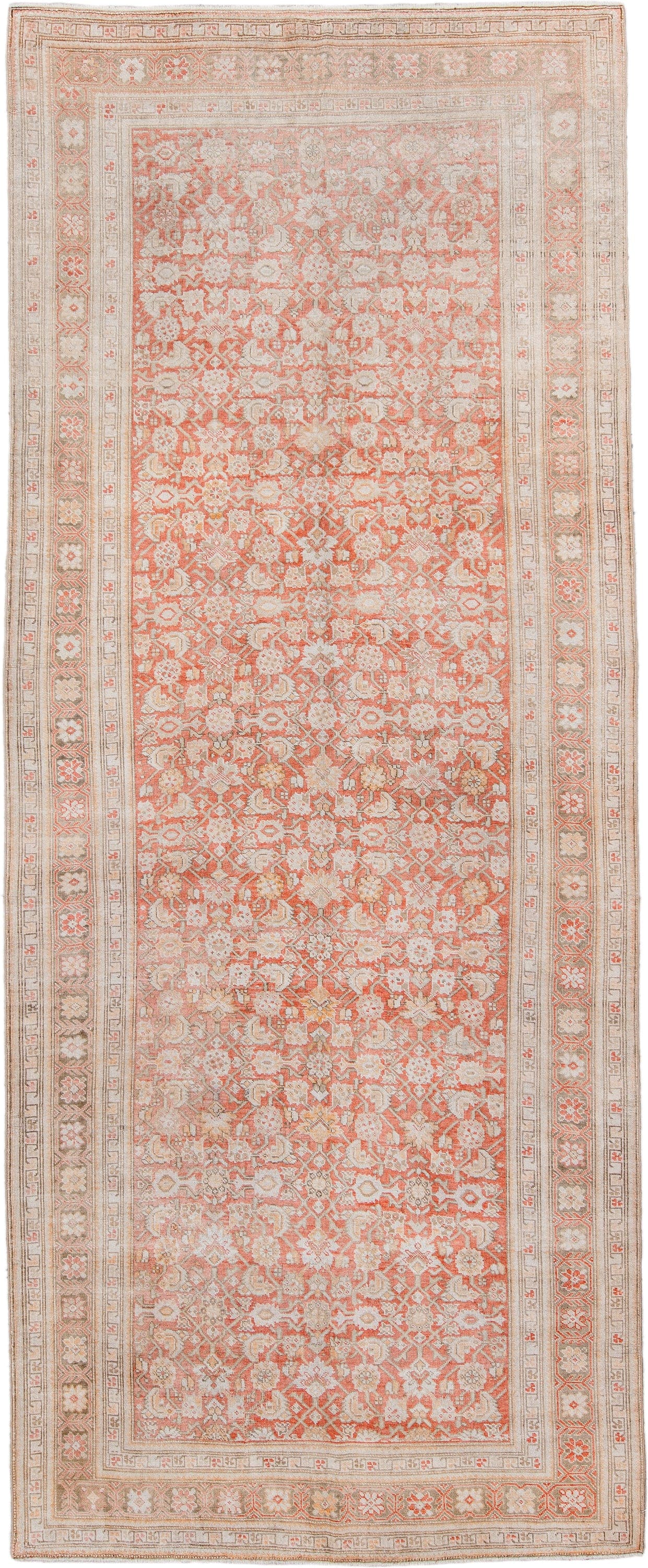 5' x 12' one-of-a-kind handmade antique Karabagh rug. Color palette: coral, ivory, taupe, rose, beige, camel, terracotta