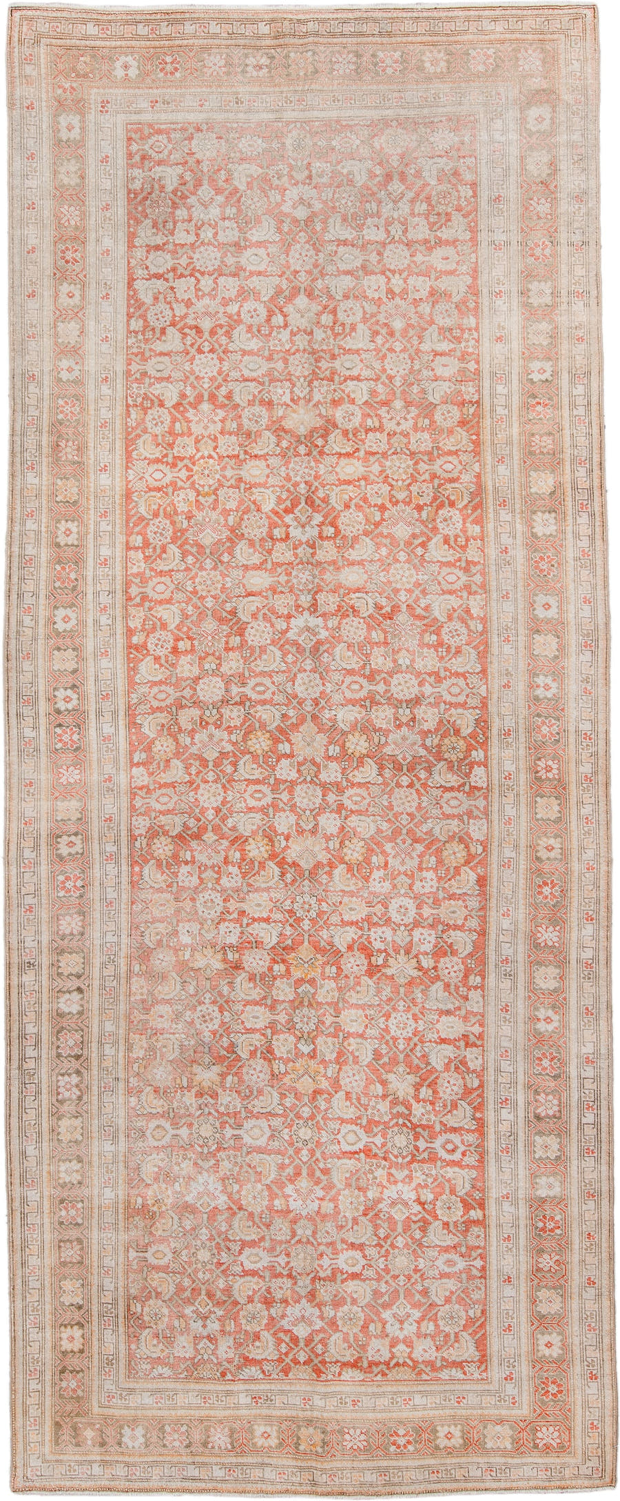 5' x 12' one-of-a-kind handmade antique Karabagh rug. Color palette: coral, ivory, taupe, rose, beige, camel, terracotta