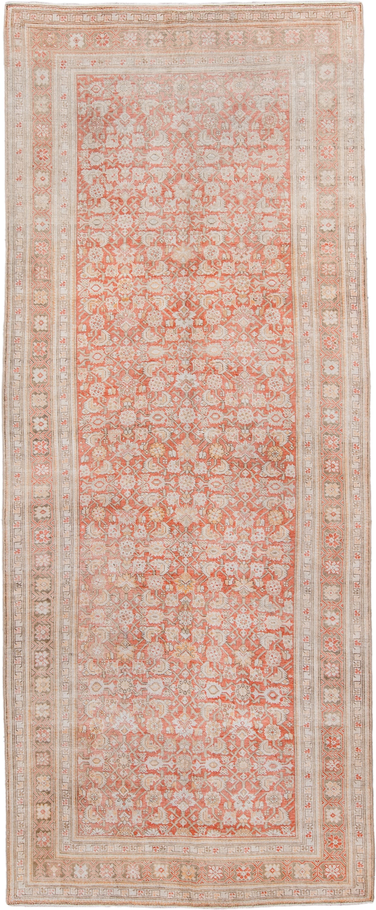 5' x 12' one-of-a-kind handmade antique Karabagh rug. Color palette: coral, ivory, taupe, rose, beige, camel, terracotta