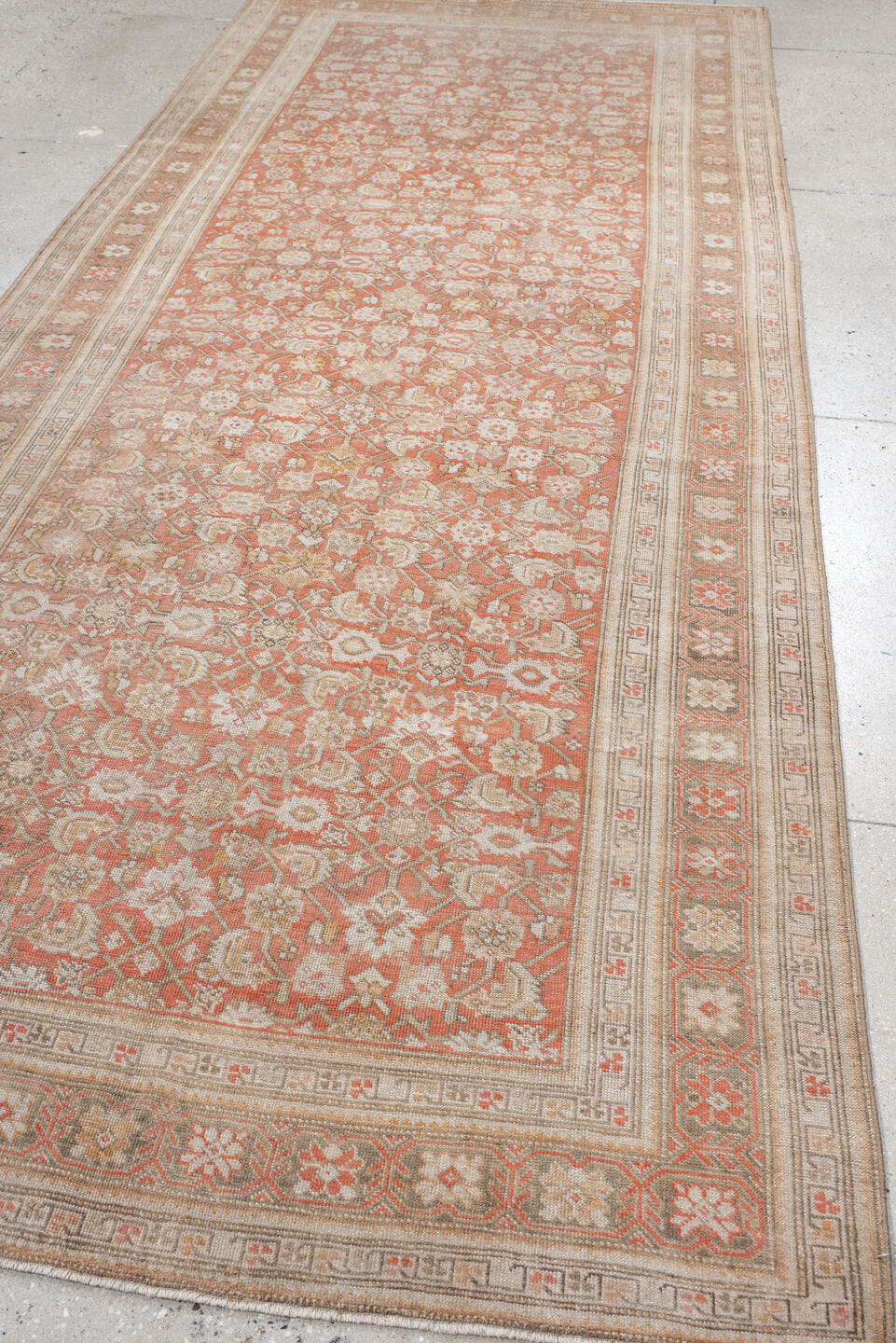 5' x 12' one-of-a-kind handmade antique Karabagh rug. Color palette: coral, ivory, taupe, rose, beige, camel, terracotta