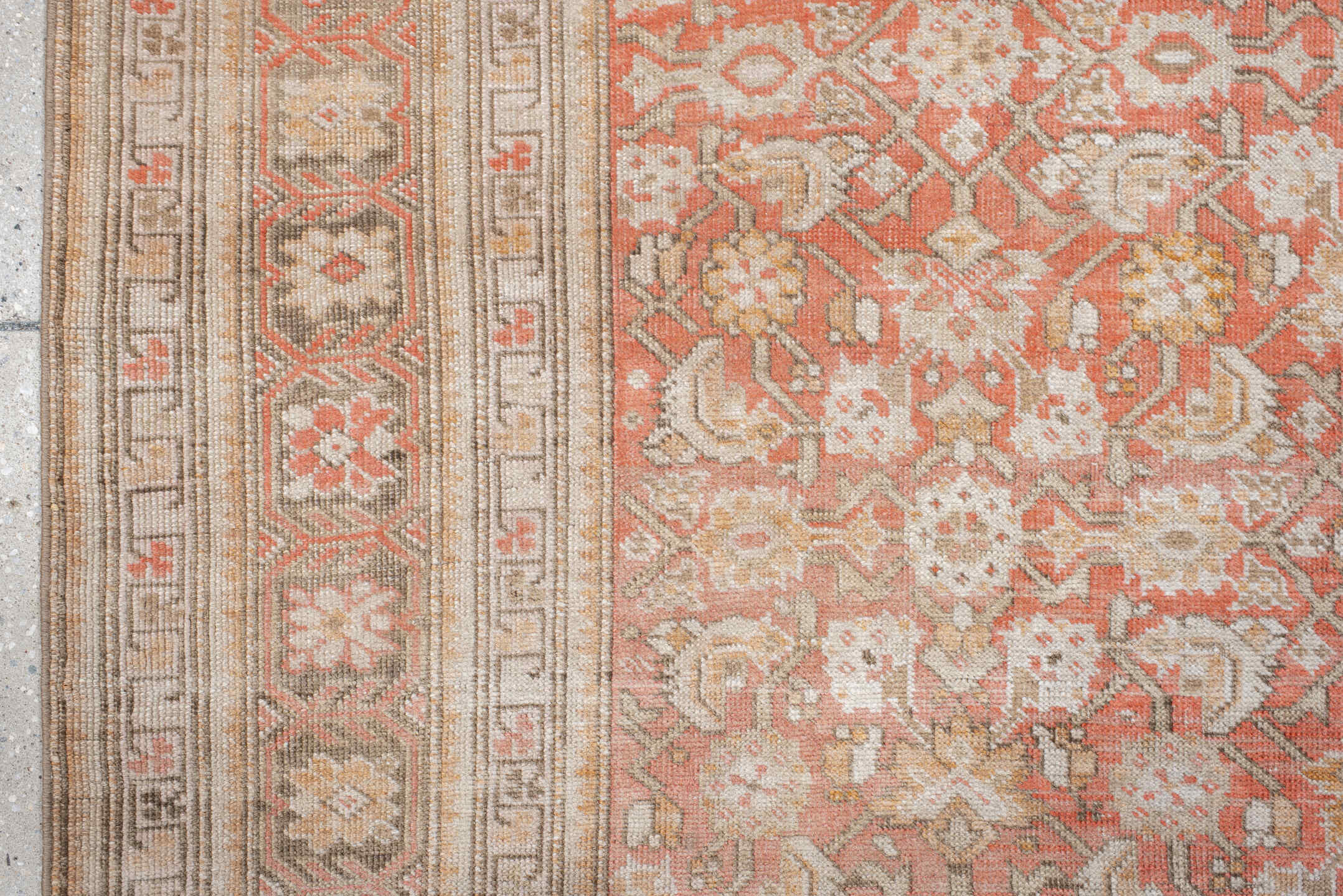 5' x 12' one-of-a-kind handmade antique Karabagh rug. Color palette: coral, ivory, taupe, rose, beige, camel, terracotta