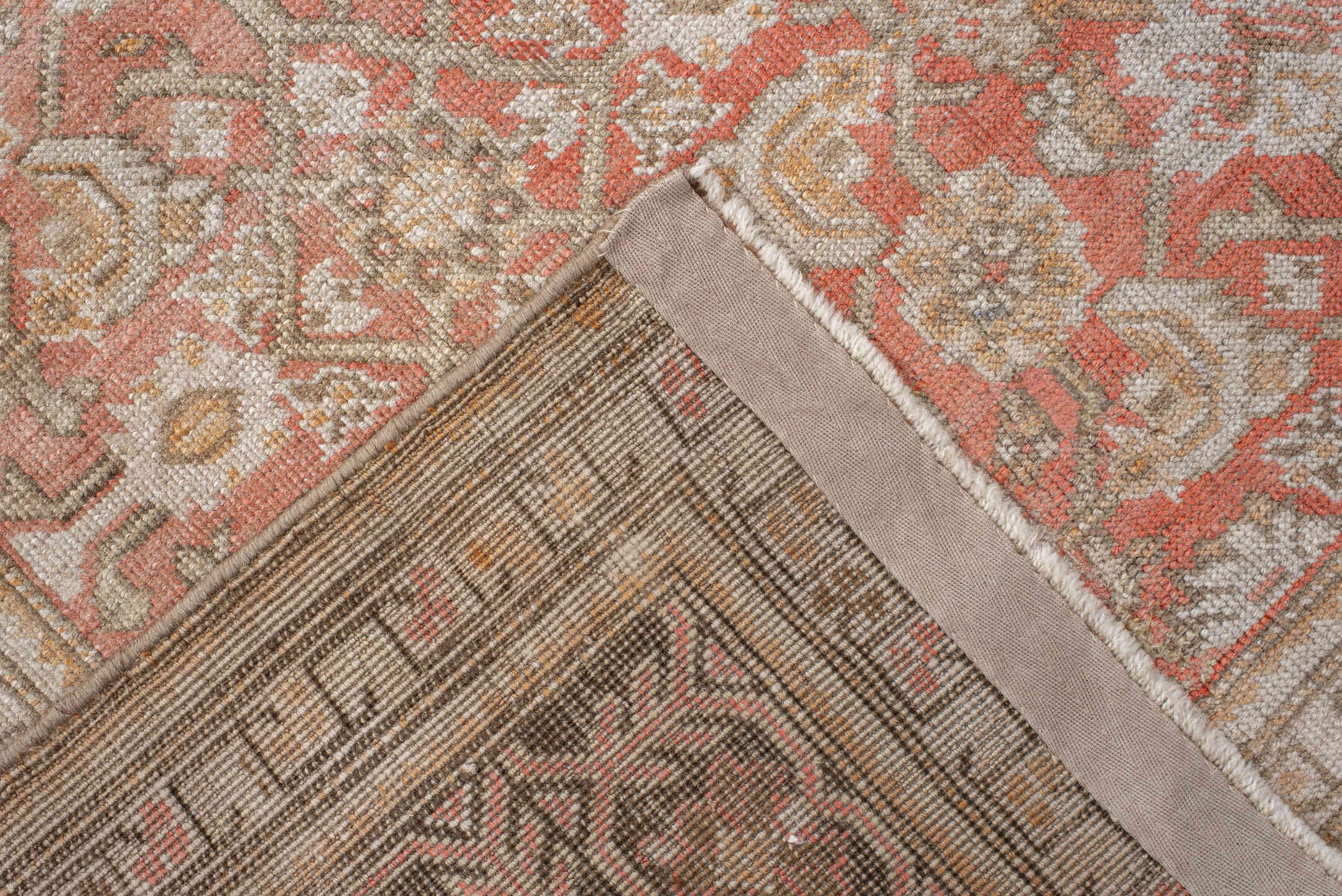 5' x 12' one-of-a-kind handmade antique Karabagh rug. Color palette: coral, ivory, taupe, rose, beige, camel, terracotta