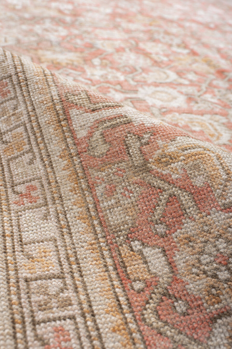 5' x 12' one-of-a-kind handmade antique Karabagh rug. Color palette: coral, ivory, taupe, rose, beige, camel, terracotta