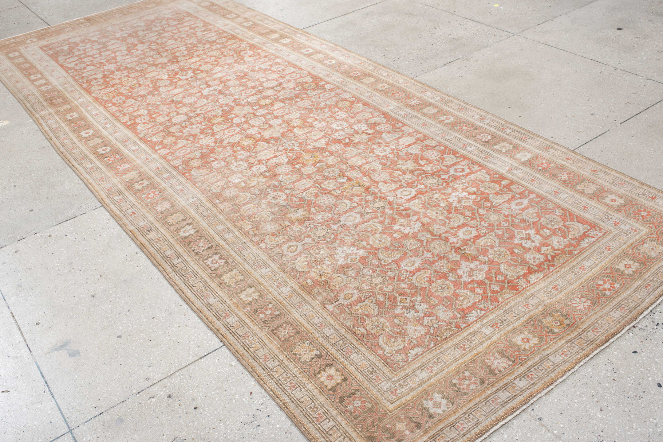 5' x 12' one-of-a-kind handmade antique Karabagh rug. Color palette: coral, ivory, taupe, rose, beige, camel, terracotta