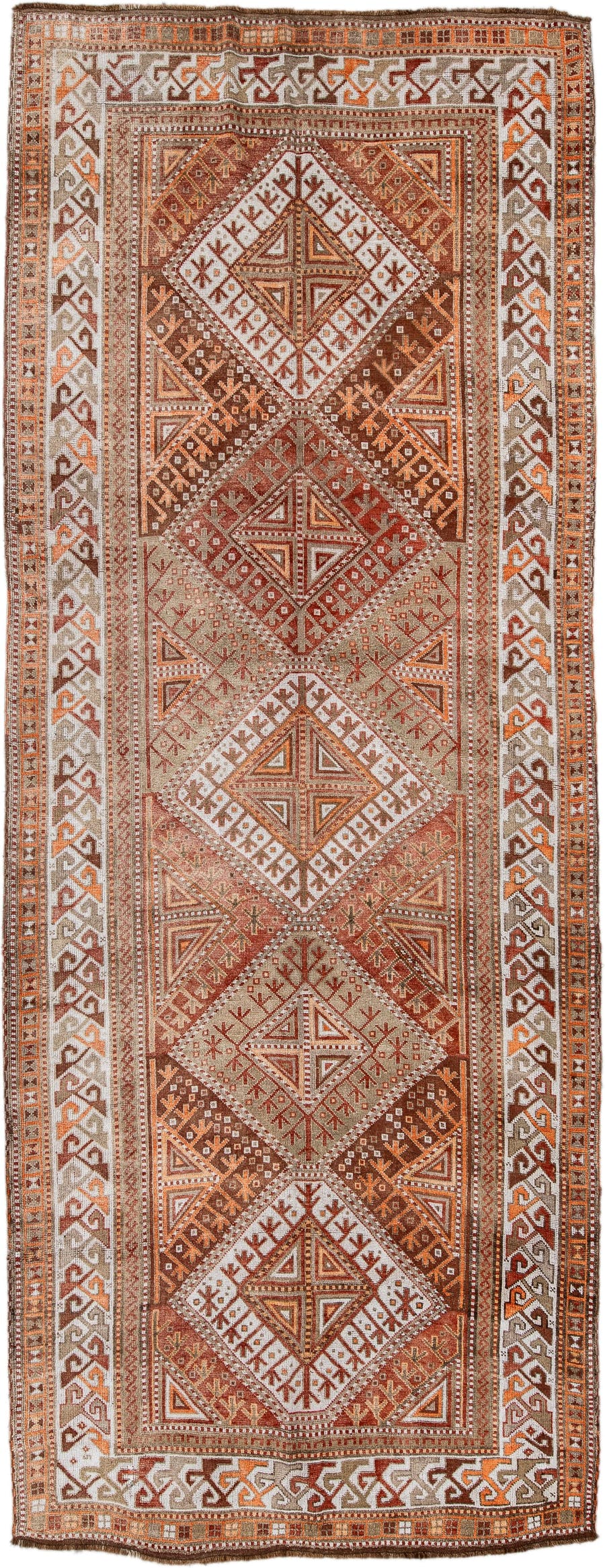 4' x 12' one-of-a-kind handmade antique Anatolian runner rug. Color palette: ivory, rust, camel, brown, terra cotta, taupe