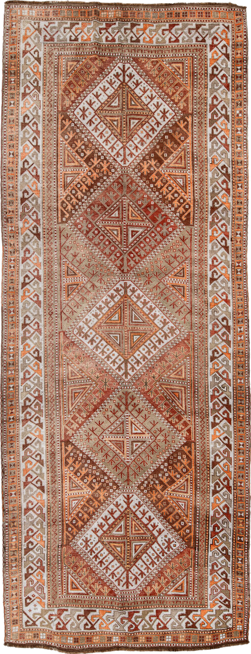 4' x 12' one-of-a-kind handmade vintage Anatolian runner rug. Color palette: brown, gray, light gray, off-white, orange