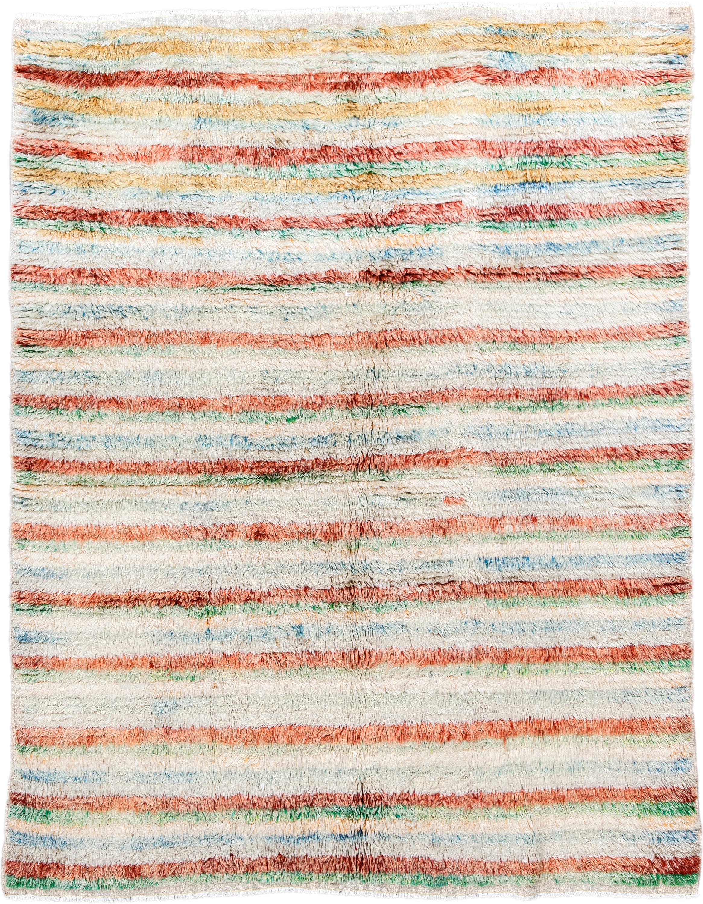 5' x 7' one-of-a-kind handmade vintage Moroccan rug. Color palette: ivory, coral, aqua, saffron, green, rust, terracotta