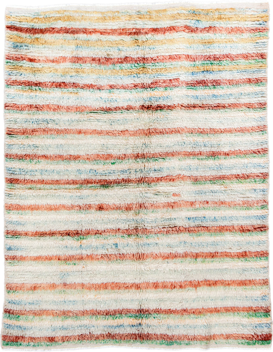 5' x 7' one-of-a-kind handmade vintage Moroccan rug. Color palette: ivory, coral, aqua, saffron, green, rust, terracotta
