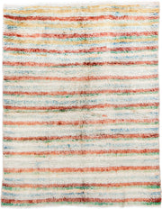 5' x 7' one-of-a-kind handmade vintage Moroccan rug. Color palette: ivory, coral, aqua, saffron, green, rust, terracotta