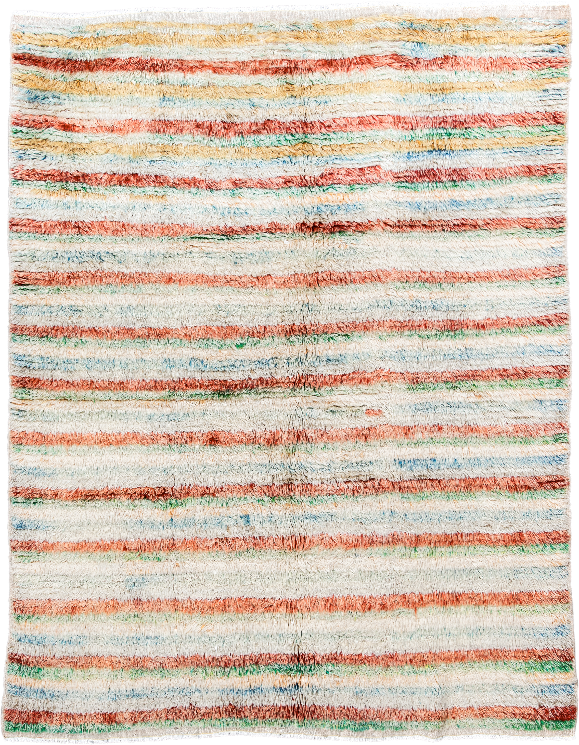 5' x 7' one-of-a-kind handmade vintage Moroccan rug. Color palette: ivory, coral, aqua, saffron, green, rust, terracotta