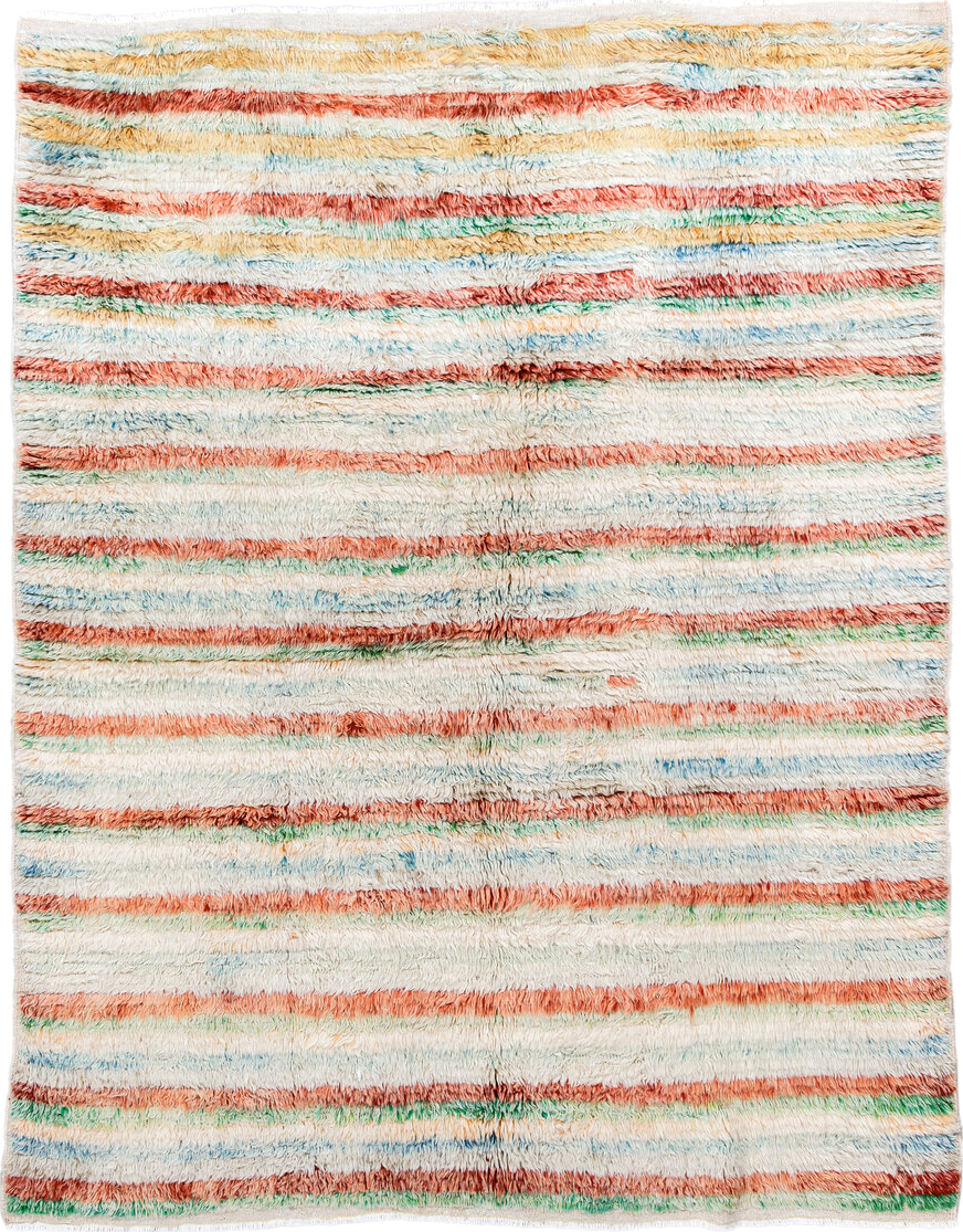 5' x 7' one-of-a-kind handmade vintage Moroccan rug. Color palette: ivory, coral, aqua, saffron, green, rust, terracotta