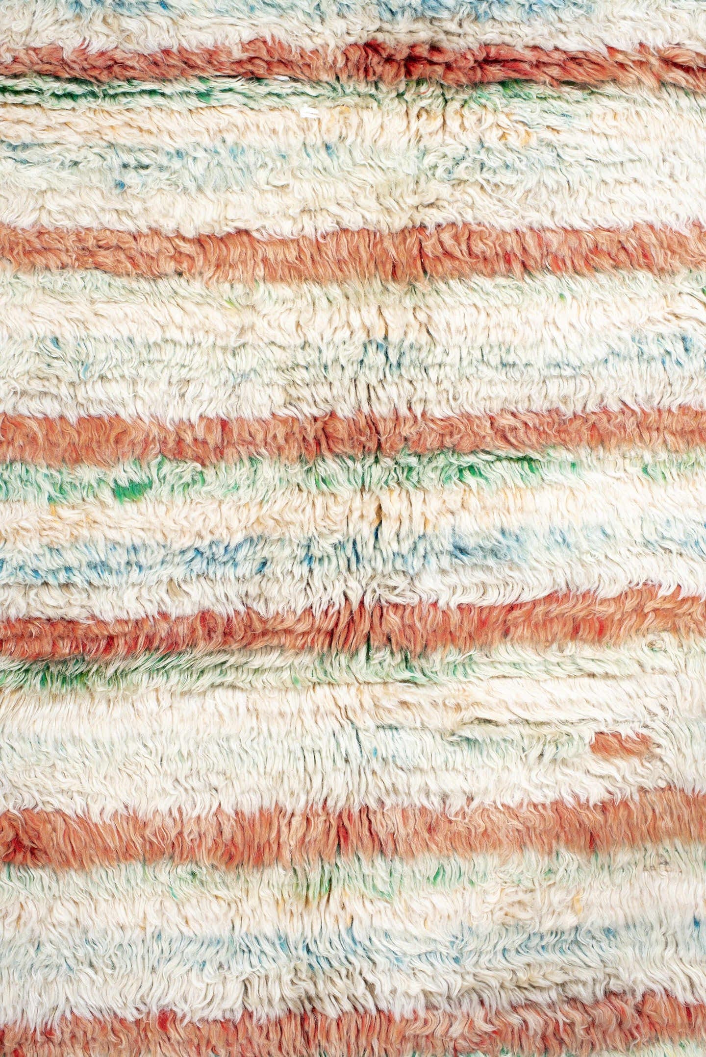 5' x 7' one-of-a-kind handmade vintage Moroccan rug. Color palette: ivory, coral, aqua, saffron, green, rust, terracotta