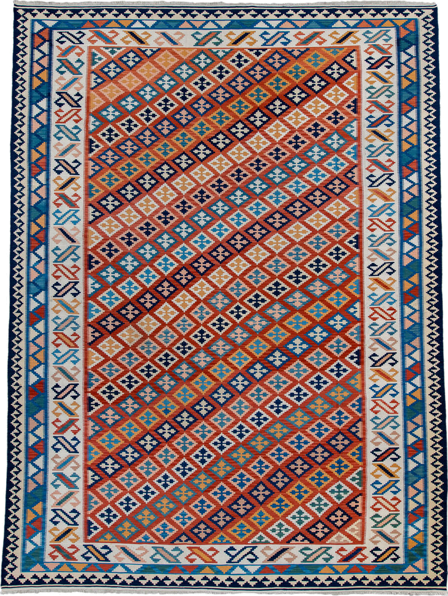 9' x 13' one-of-a-kind handmade vintage Kilim large size rug. Color palette: terracotta, ivory, navy, sky_blue, gold, teal