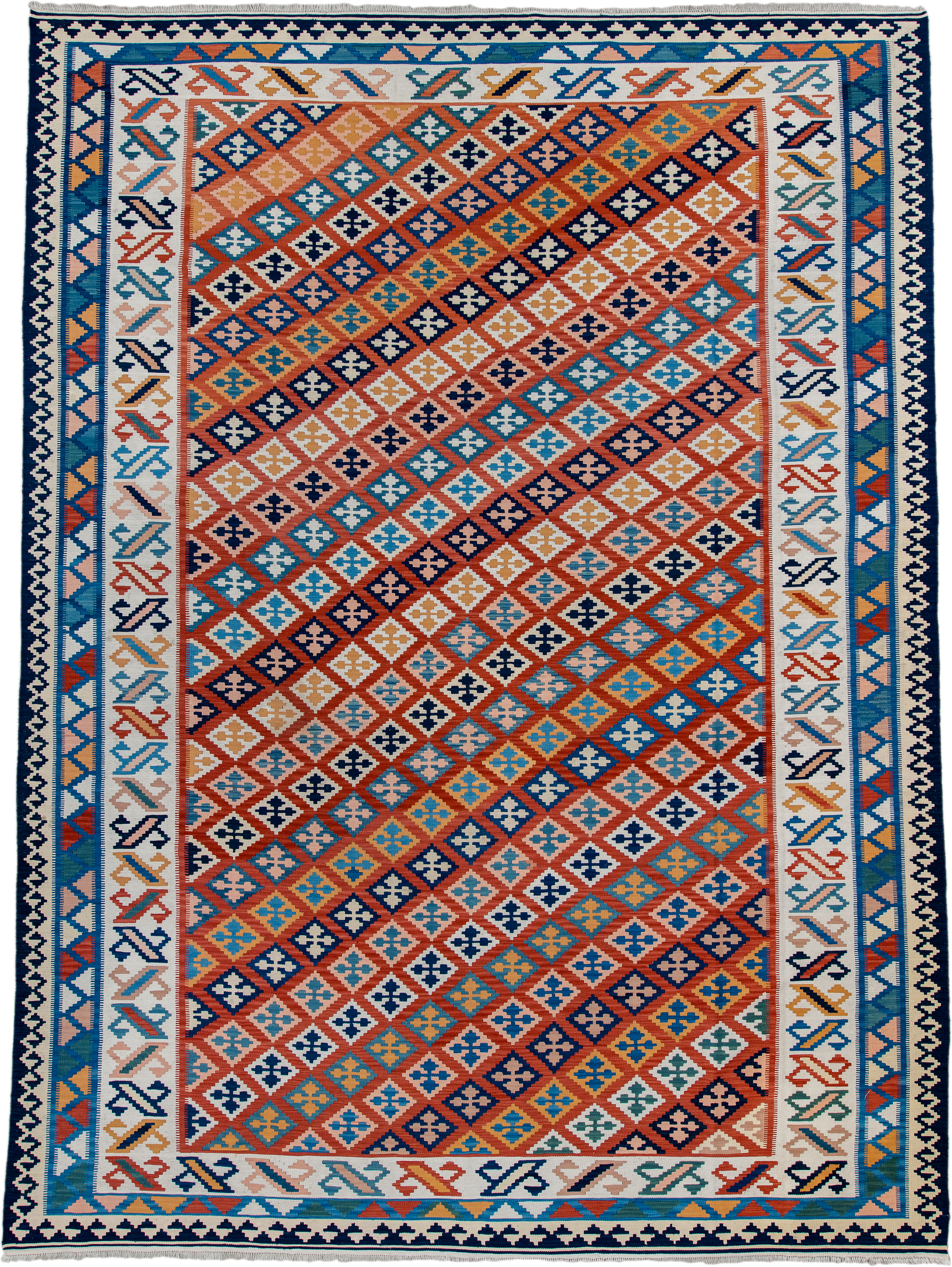 9' x 13' one-of-a-kind handmade vintage Kilim large size rug. Color palette: terracotta, ivory, navy, sky_blue, gold, teal