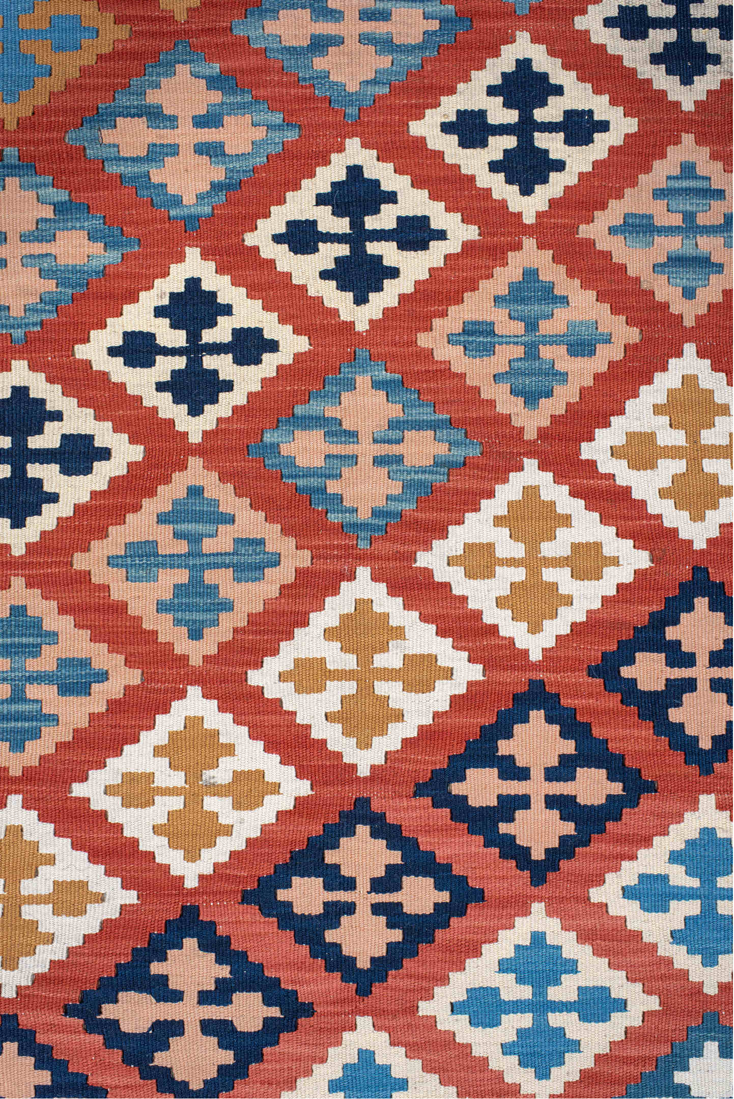 9' x 13' one-of-a-kind handmade vintage Kilim large size rug. Color palette: terracotta, ivory, navy, sky_blue, gold, teal