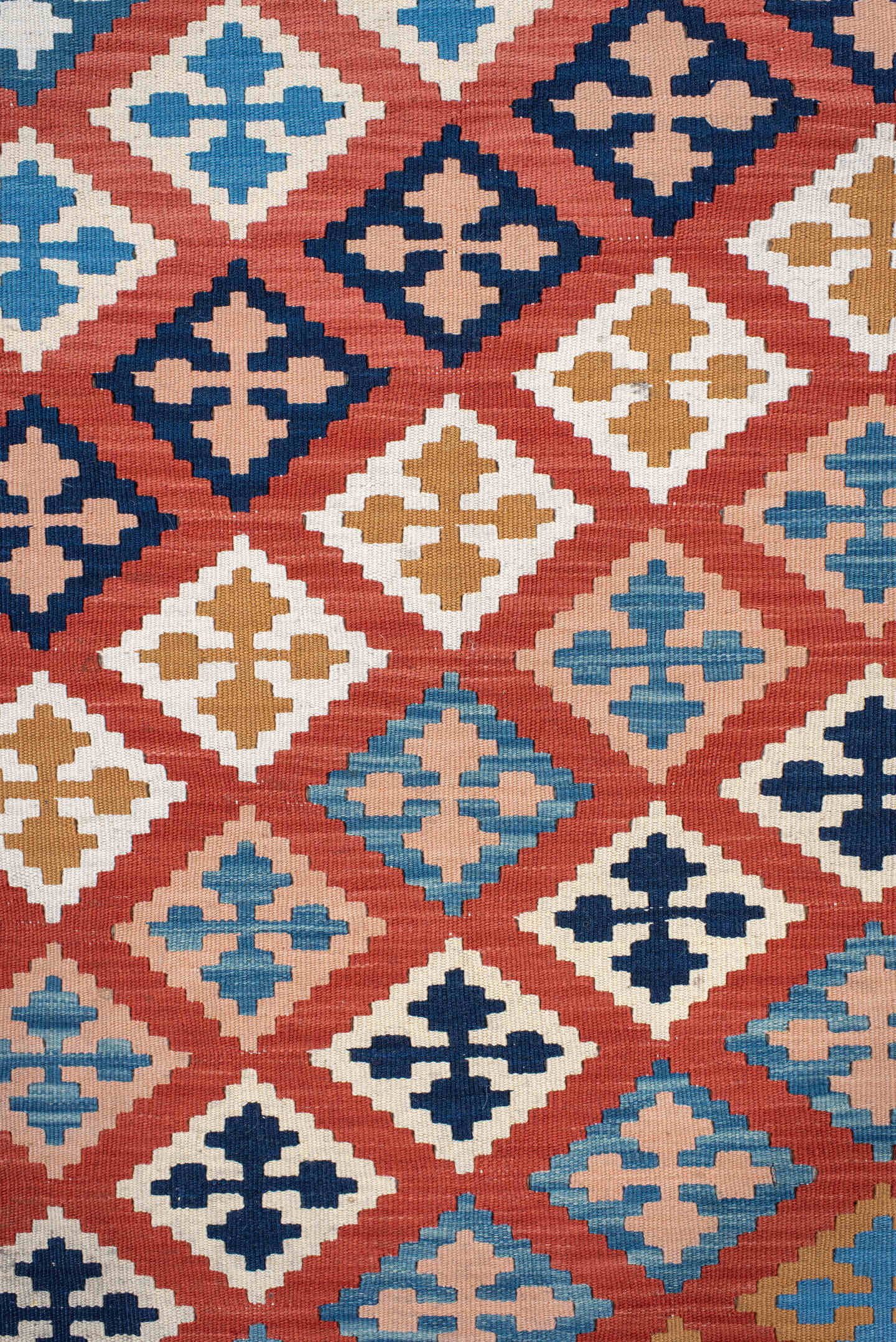 9' x 13' one-of-a-kind handmade vintage Kilim large size rug. Color palette: terracotta, ivory, navy, sky_blue, gold, teal