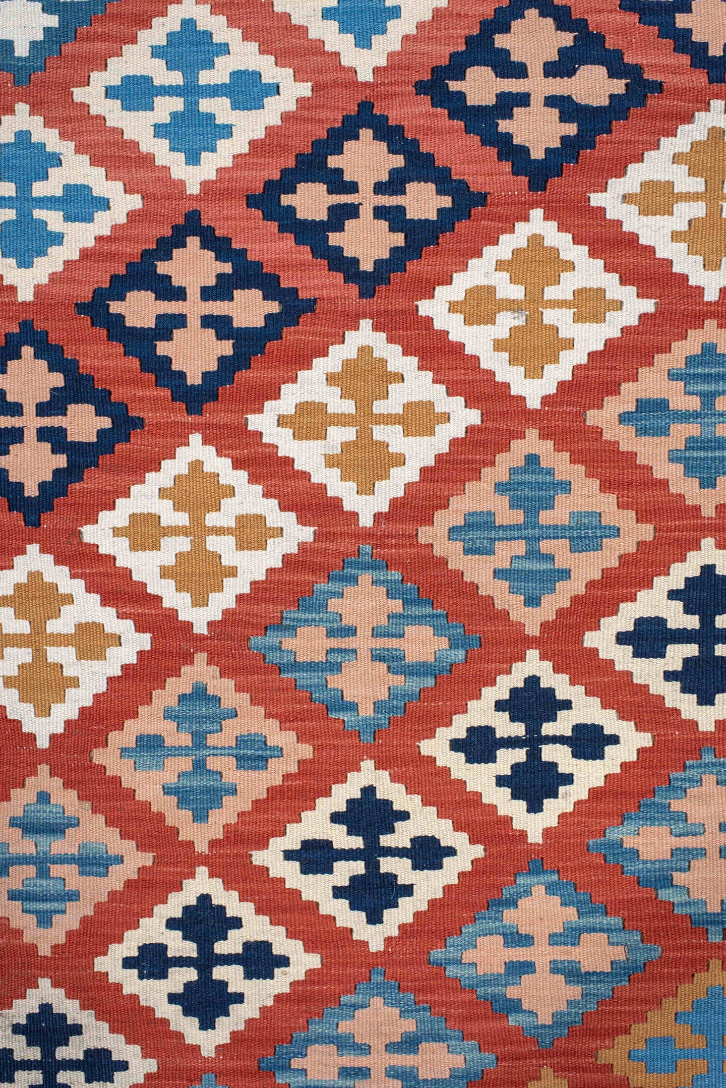 9' x 13' one-of-a-kind handmade vintage Kilim large size rug. Color palette: terracotta, ivory, navy, sky_blue, gold, teal