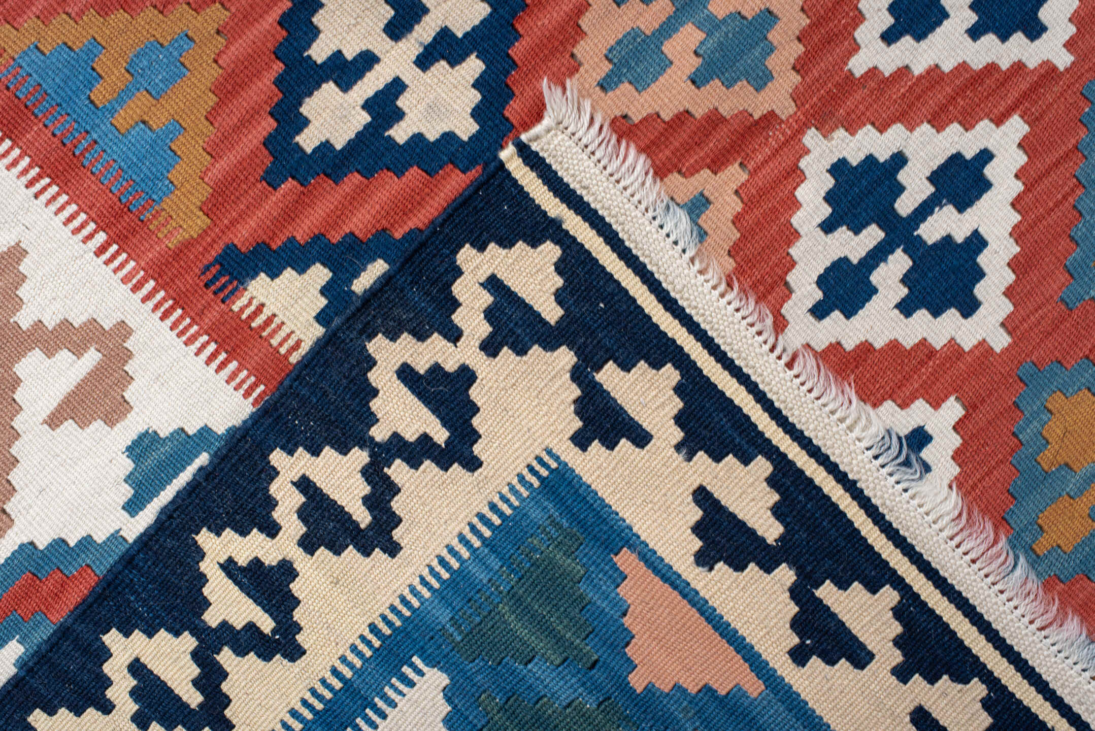 9' x 13' one-of-a-kind handmade vintage Kilim large size rug. Color palette: terracotta, ivory, navy, sky_blue, gold, teal