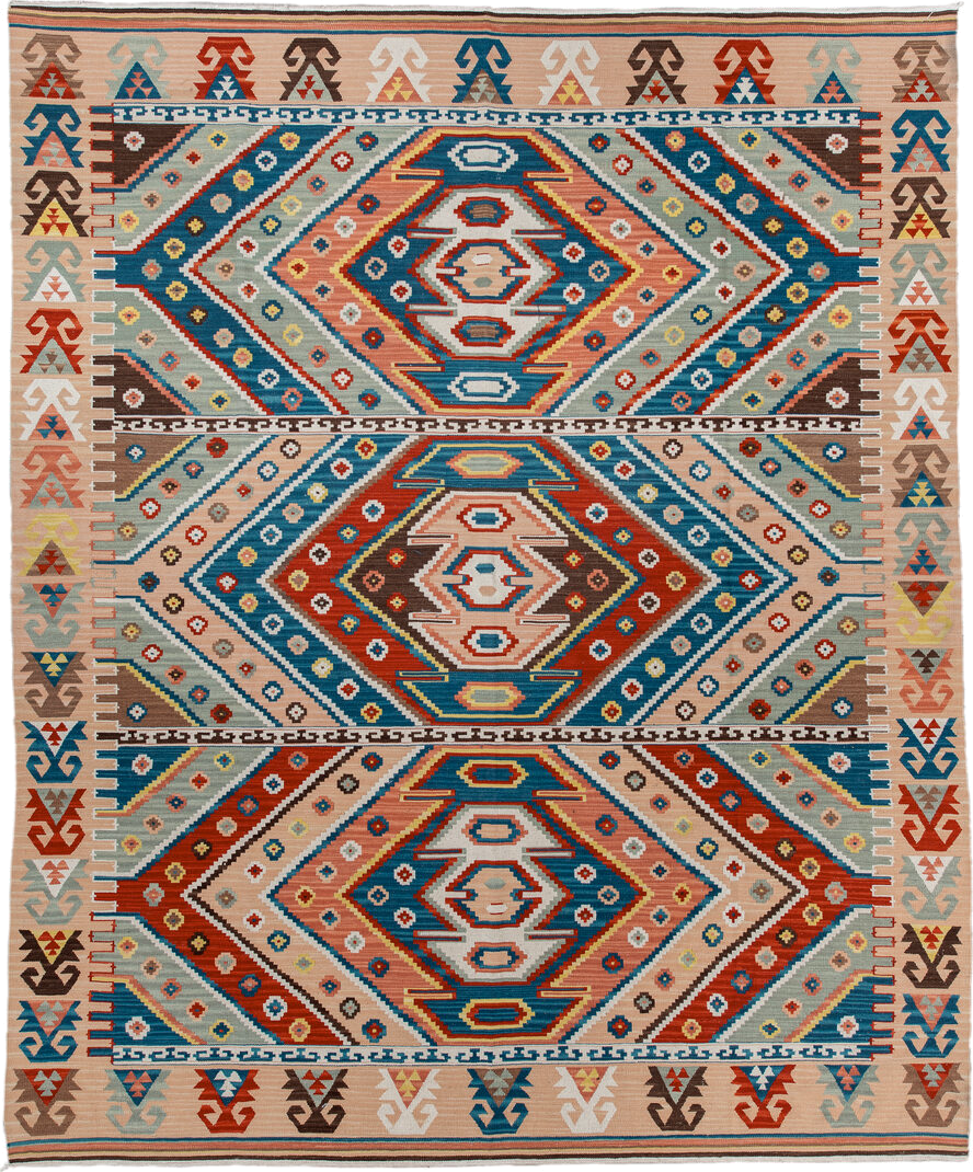 8' x 9' one-of-a-kind handmade antique Kilim rug. Color palette: peach, turquoise, ivory, rust, brown, camel, sky blue