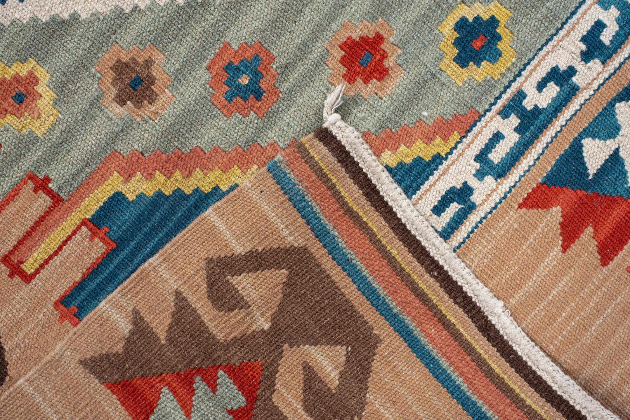 8' x 9' one-of-a-kind handmade vintage Kilim rug. Color palette: arapawa, black, blue, brown, charcoal, gray, light gray