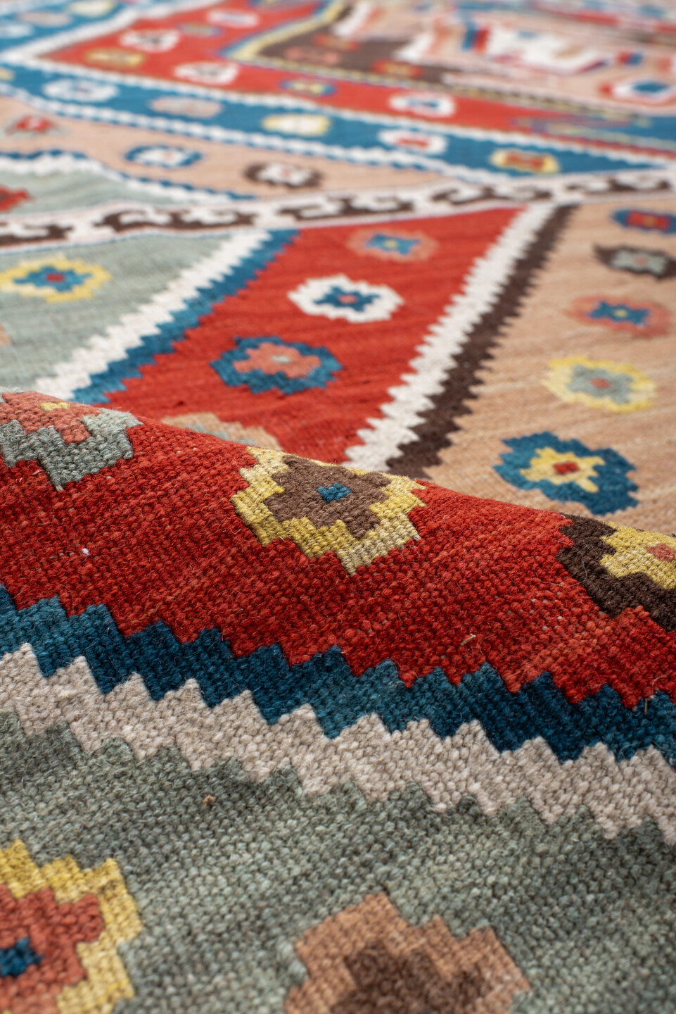 8' x 9' one-of-a-kind handmade vintage Kilim rug. Color palette: arapawa, black, blue, brown, charcoal, gray, light gray