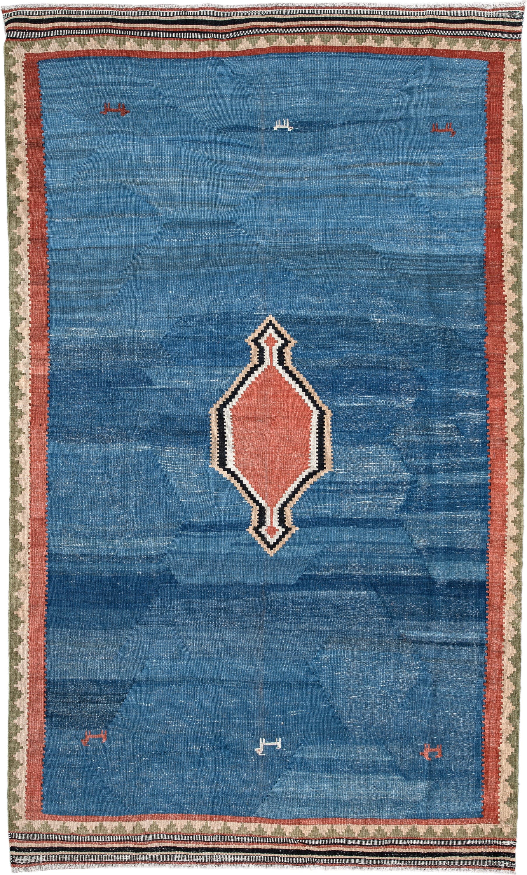 6' x 10' one-of-a-kind handmade antique Kilim large size rug. Color palette: blue, terra cotta, ivory, olive, charcoal