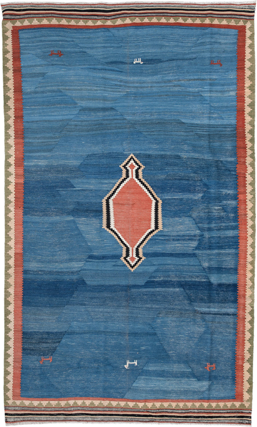 6' x 10' one-of-a-kind handmade antique Kilim large size rug. Color palette: blue, terra cotta, ivory, olive, charcoal