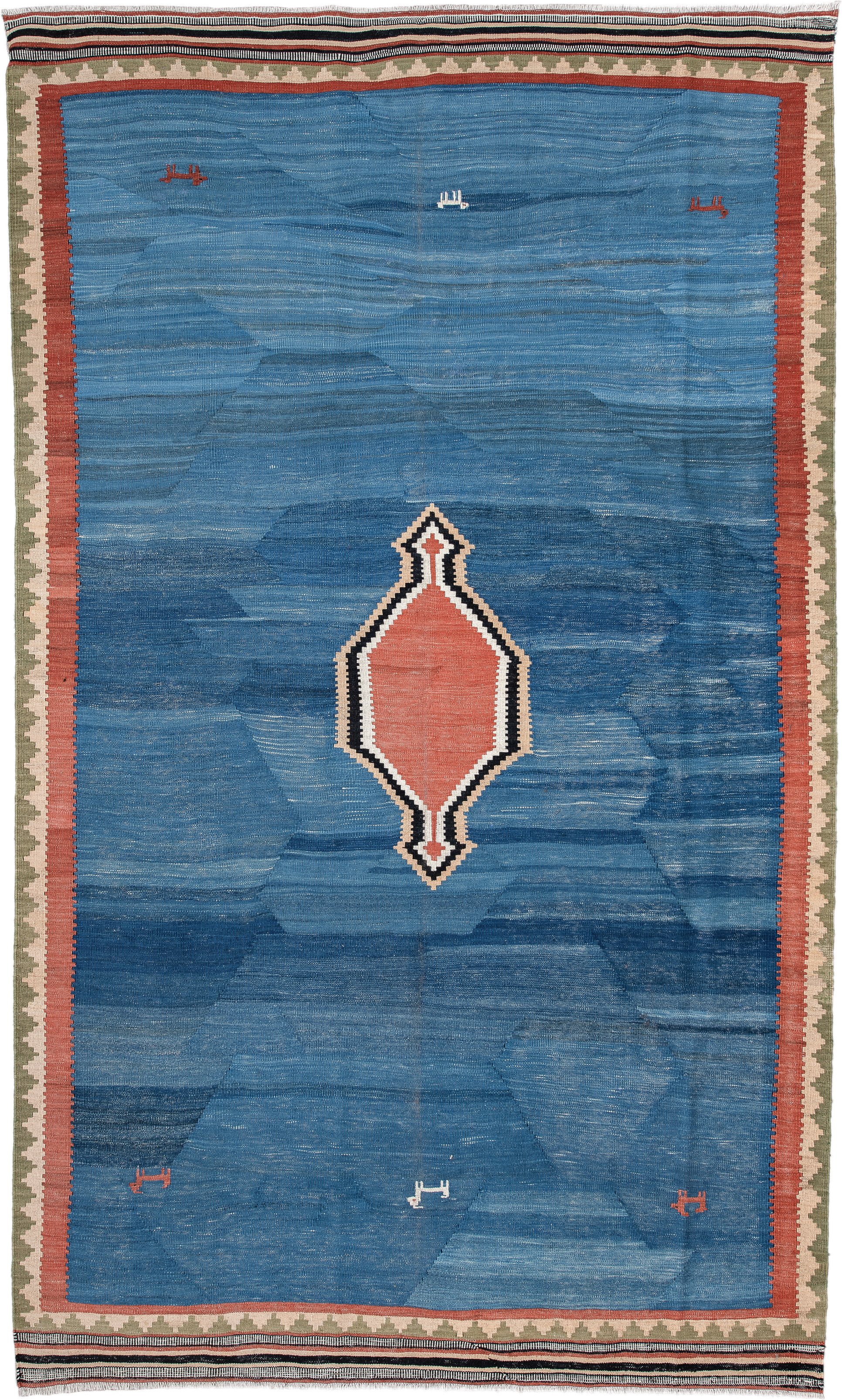 6' x 10' one-of-a-kind handmade antique Kilim large size rug. Color palette: blue, terra cotta, ivory, olive, charcoal