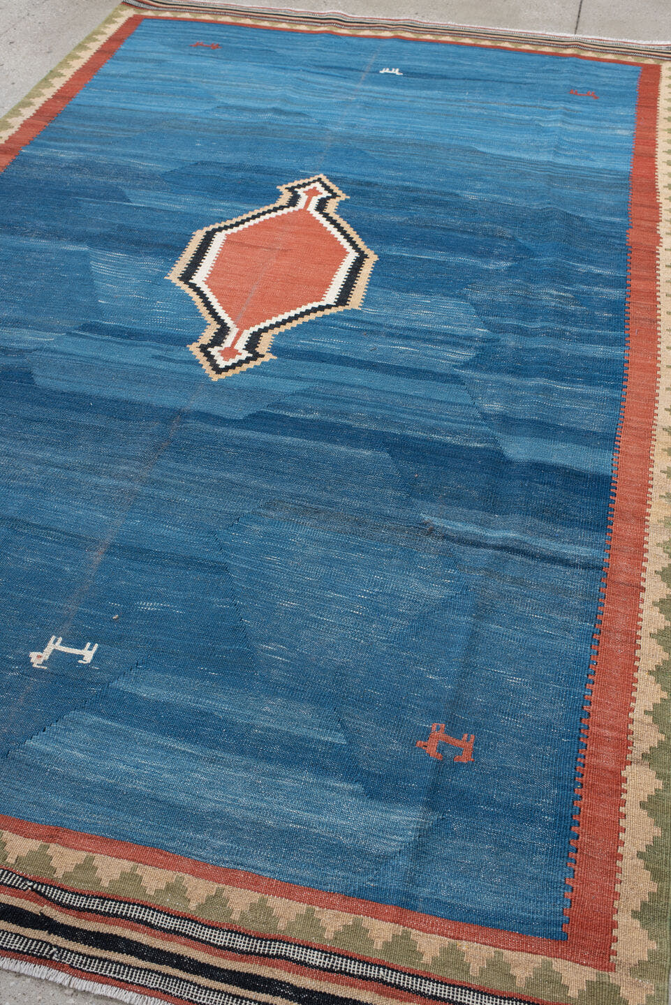 6' x 10' one-of-a-kind handmade antique Kilim large size rug. Color palette: blue, terra cotta, ivory, olive, charcoal