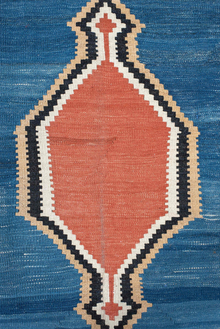 6' x 10' one-of-a-kind handmade antique Kilim large size rug. Color palette: blue, terra cotta, ivory, olive, charcoal