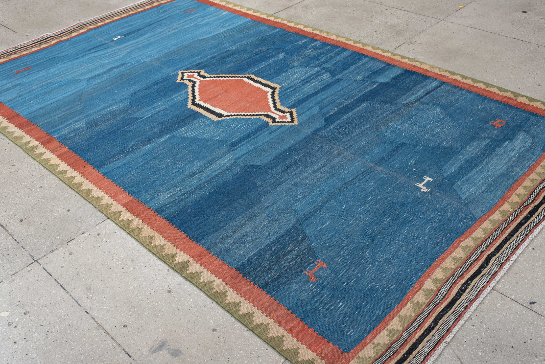 6' x 10' one-of-a-kind handmade antique Kilim large size rug. Color palette: blue, terra cotta, ivory, olive, charcoal
