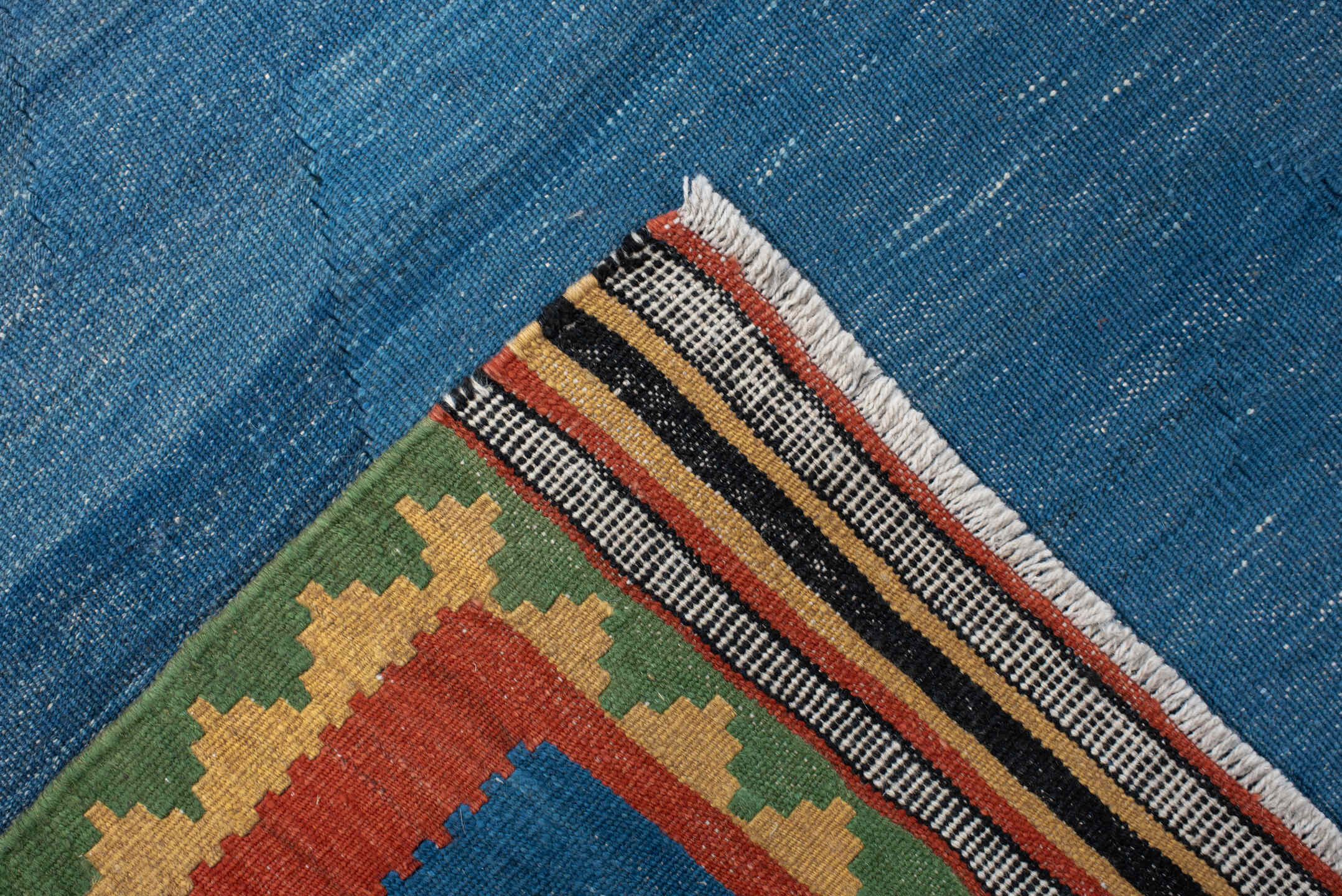 6' x 10' one-of-a-kind handmade antique Kilim large size rug. Color palette: blue, terra cotta, ivory, olive, charcoal